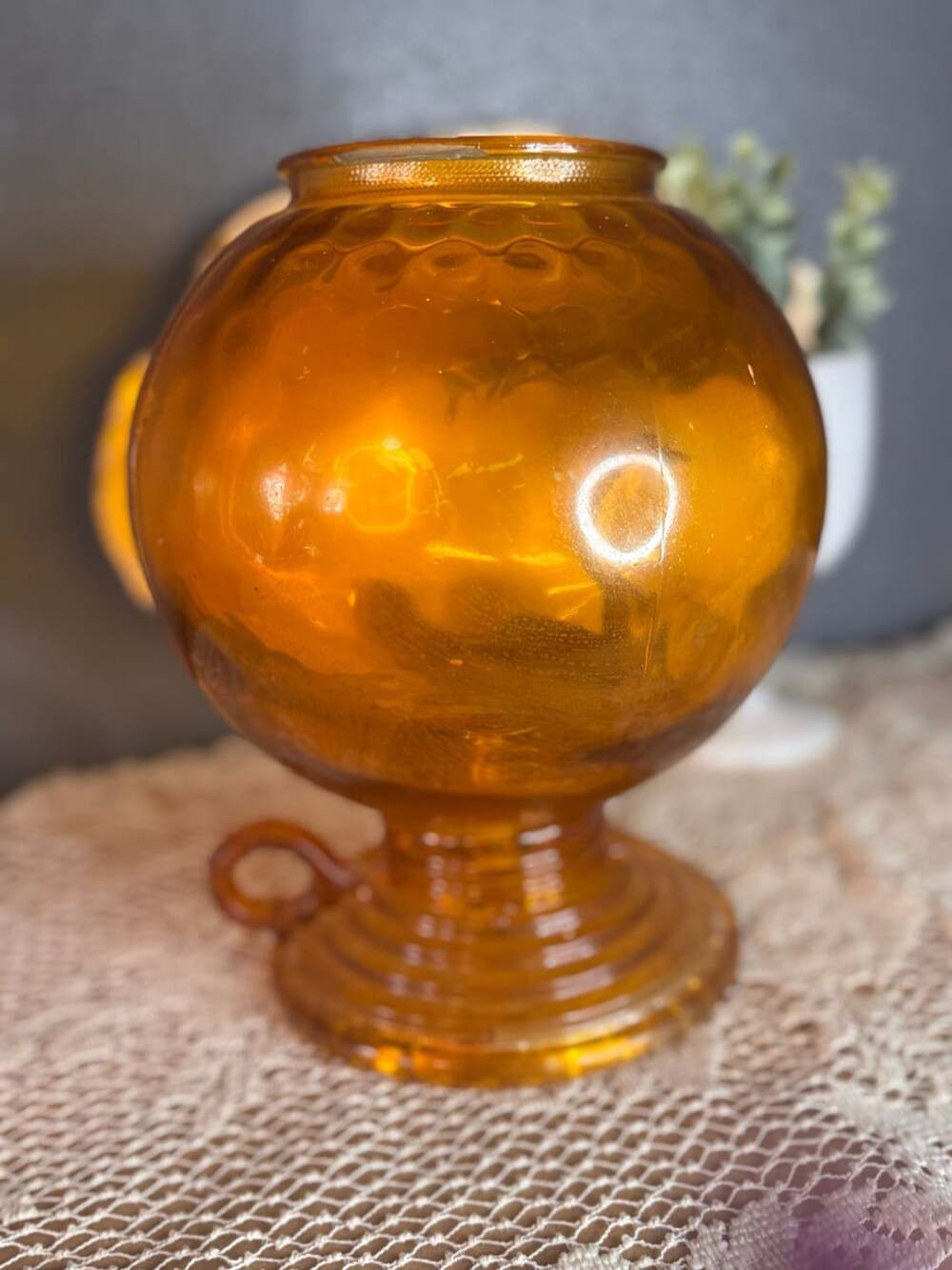 Vintage Jeannette Glass Candle Hurricane Lamp Globe Taper Candle Amber Glass